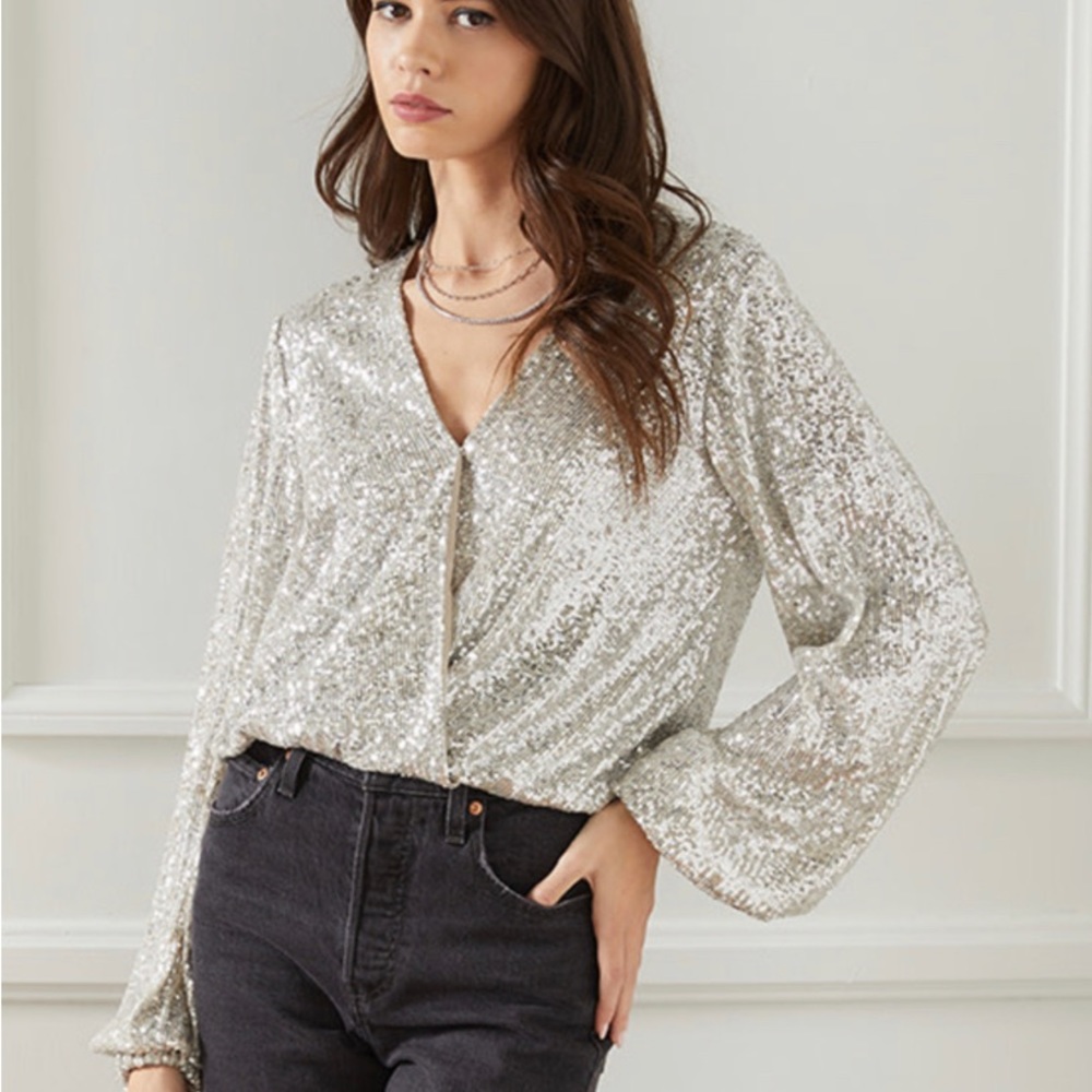 Open Edit  Silver Sequins Wrap Top